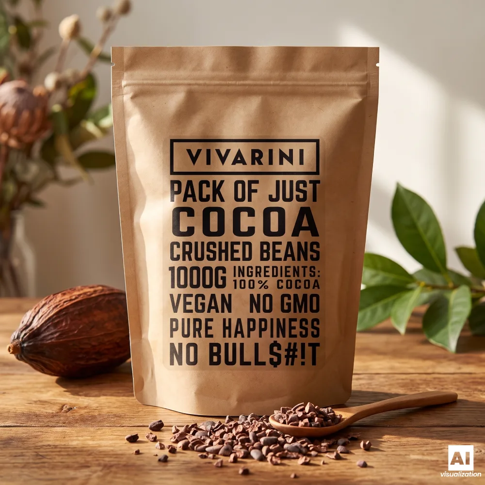Vivarini ha tritato le fave di cacao in una confezione con pezzetti sparsi.