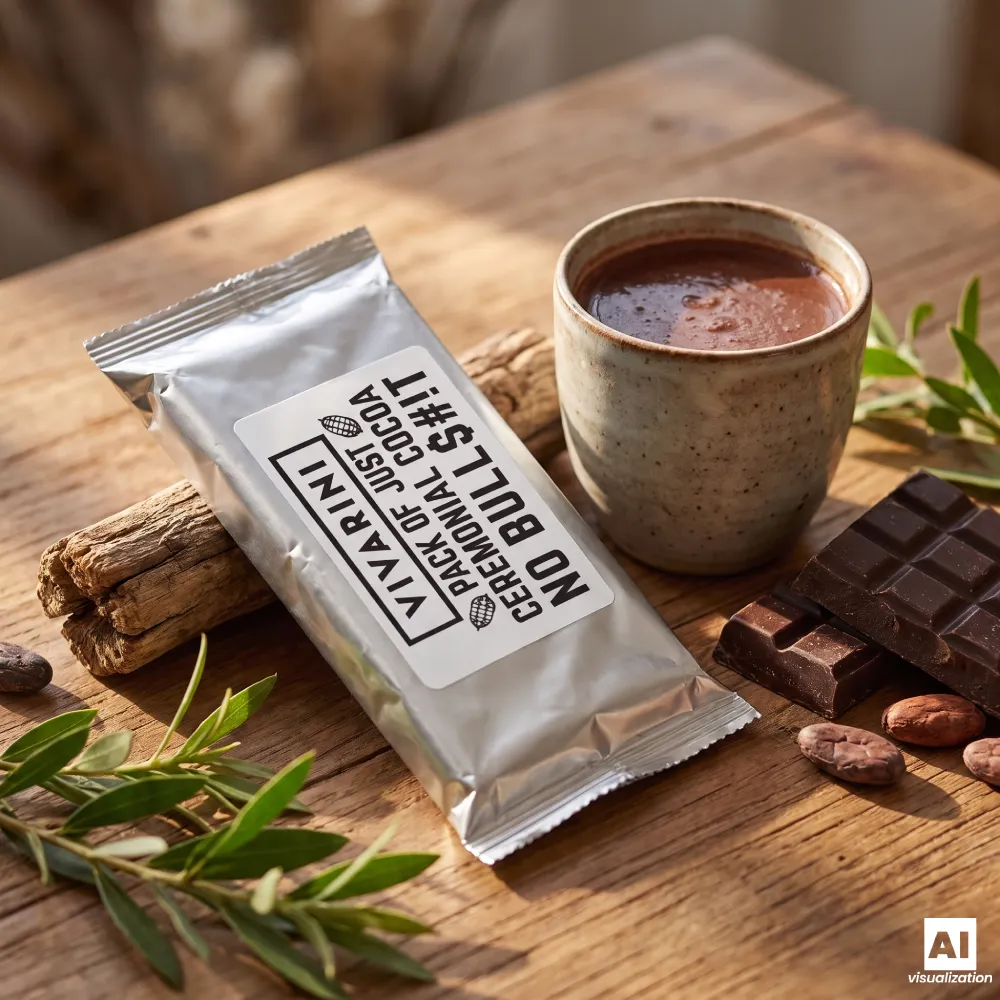 Cacao cerimoniale Vivarini Criollo in confezione argentata accanto a una tazza di cioccolata calda.