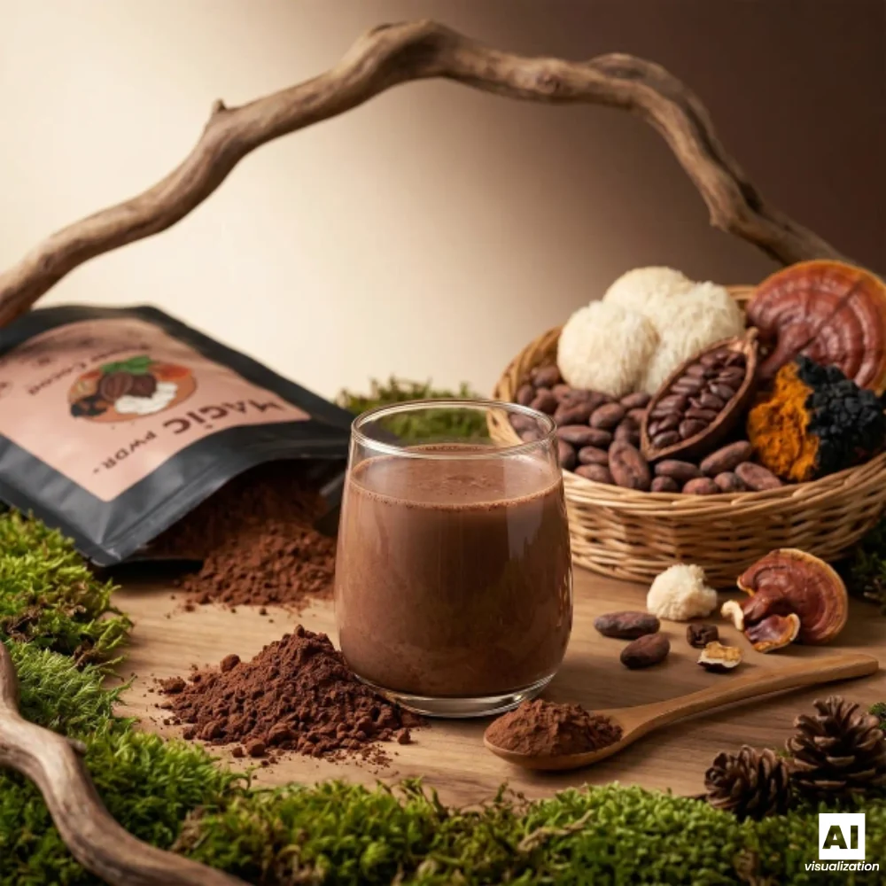Magic Pwdr Power Cocoa, ovvero cacao con estratti di funghi, accanto a una tazza di cioccolata calda.