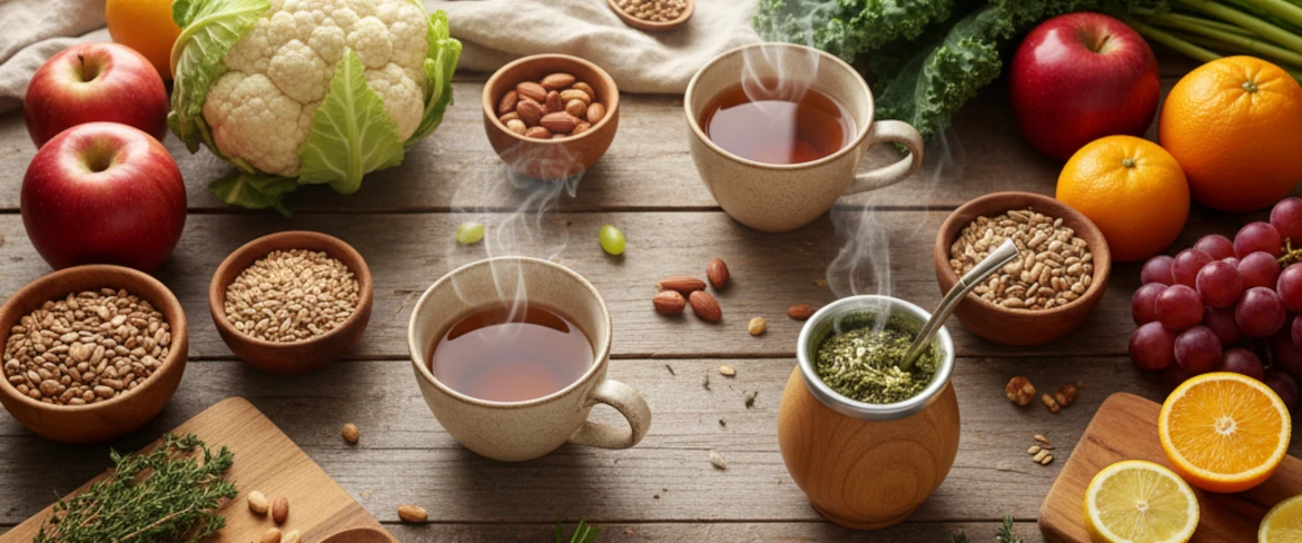 Alimenti biologici e integratori salutari: frutta, erbe aromatiche, infusi e prodotti biologici realizzati con ingredienti naturali