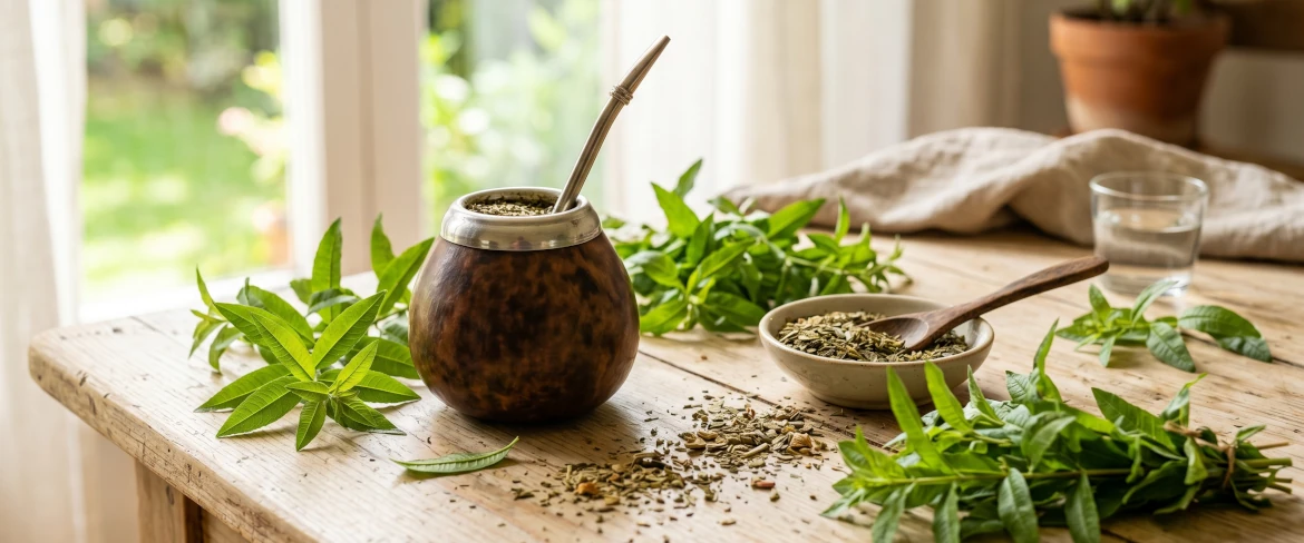 Una calice da yerba mate circondata da erbe aromatiche. Scopri a quali piatti si può aggiungere la verbena odorosa.