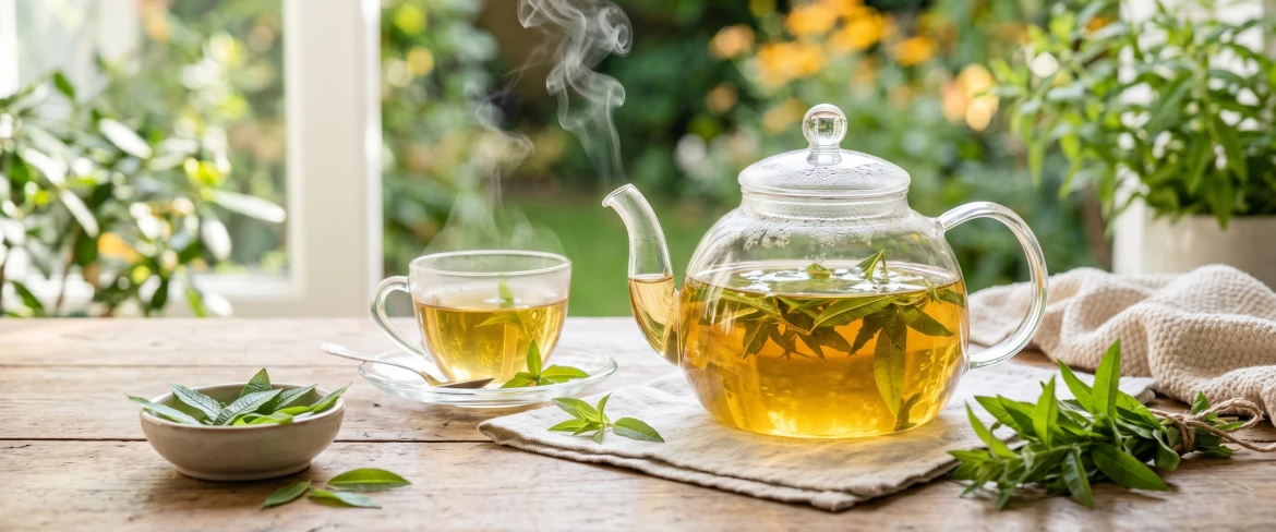 Infuso caldo di verbena odorosa in una teiera di vetro.
