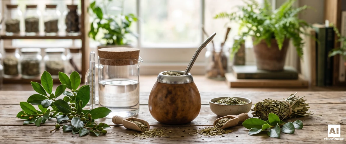 Una zucca da mate con yerba mate, foglie di yerba mate, yerba mate essiccata, acqua e un termometro per la preparazione.