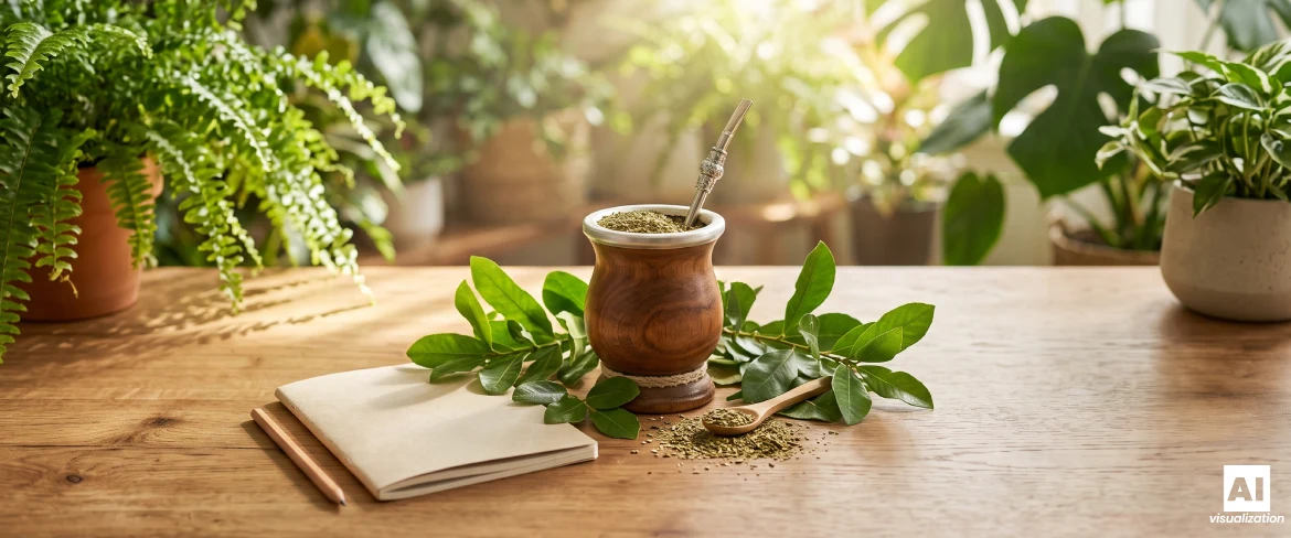 Yerba mate in una zucca di legno con foglie di yerba mate e un taccuino su un tavolo.