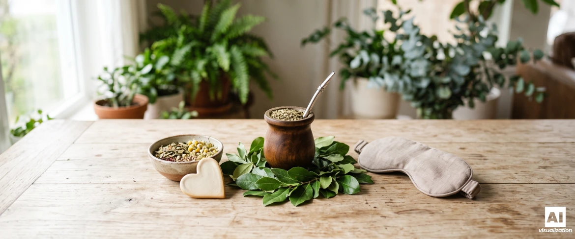 Yerba mate in una calice da mate circondata da foglie, erbe aromatiche e una mascherina per dormire.