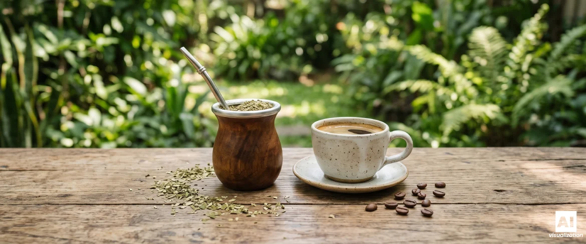 Yerba mate e una tazza di caffè affiancate su un tavolo di legno.