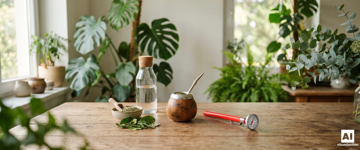 Una zucca da mate con yerba mate, acqua, yerba mate essiccata e un termometro per controllare la temperatura dell'infuso.