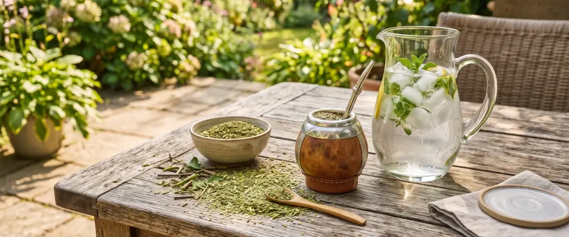 Foglie di yerba mate e una brocca di vetro piena di acqua ghiacciata