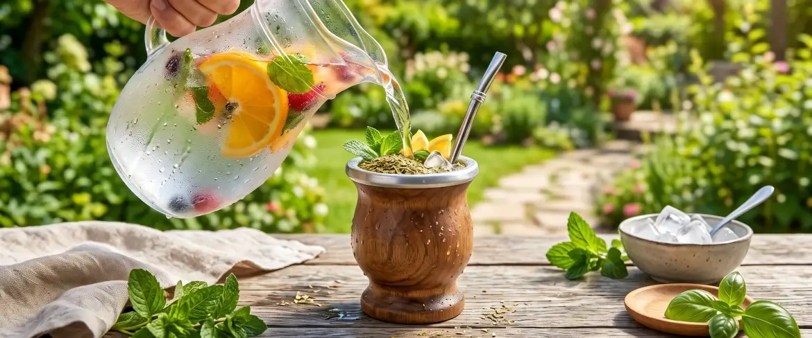 Yerba mate fredda versata in un succo di frutta freddo per preparare il tereré