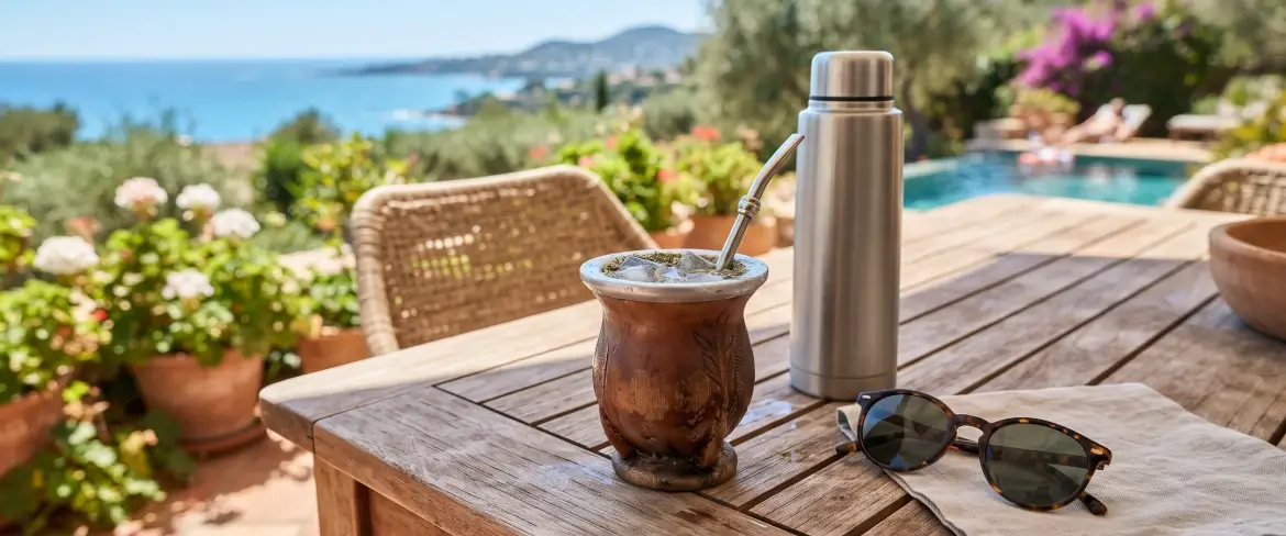 Relax estivo su una terrazza con un thermos e una calama (coppa per il mate)