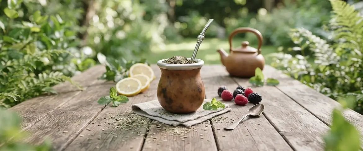 Una zucca da mate con yerba mate su un tavolo di legno, con limone e menta accanto, a creare un’ambientazione naturale per la bevanda.
