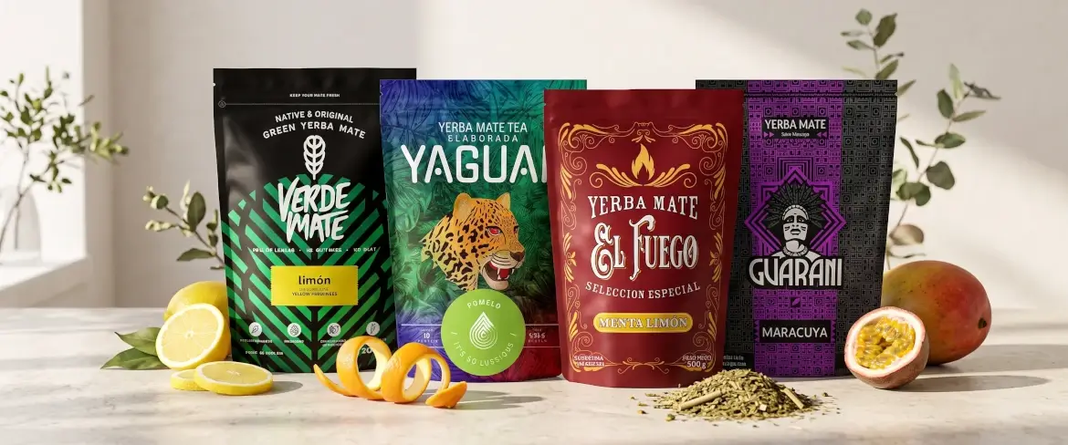 Confezioni in busta flessibile di yerba mate in diversi gusti alla frutta, tra cui agrumi e yerba mate alla frutta.