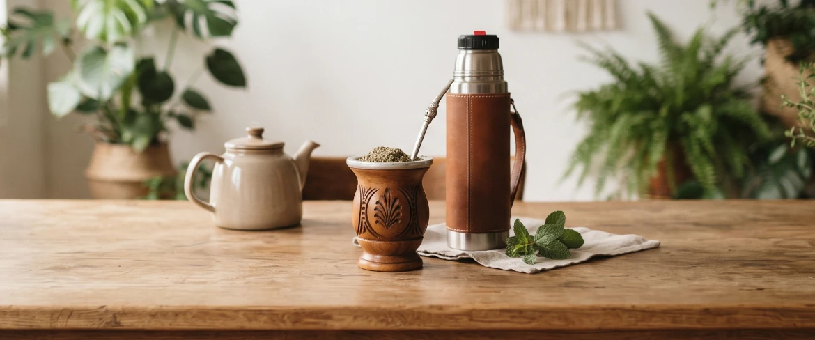 Una zucca da mate con yerba mate, un thermos e gli accessori per la preparazione, disposti su un tavolo, a illustrare il rituale quotidiano della yerba mate.