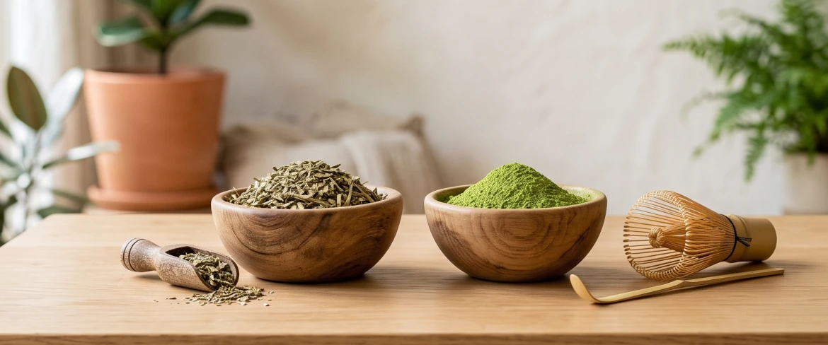 Tè verde matcha contro yerba mate: ciotole di legno con foglie secche di yerba mate e polvere di matcha verde.