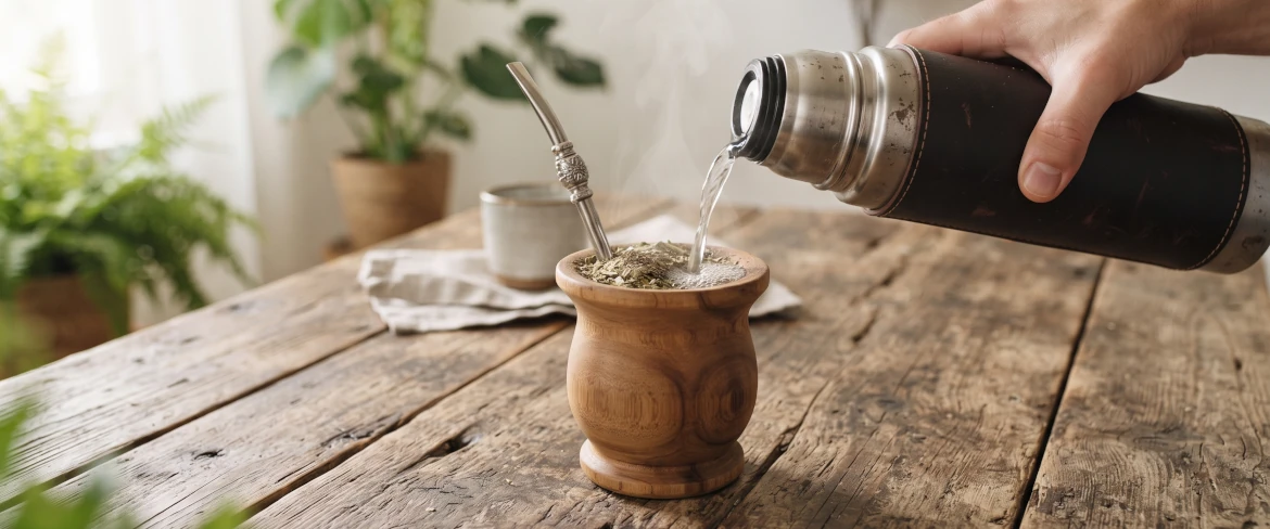 Acqua calda versata da un thermos in una zucca di legno per il mate contenente yerba mate e una bombilla.