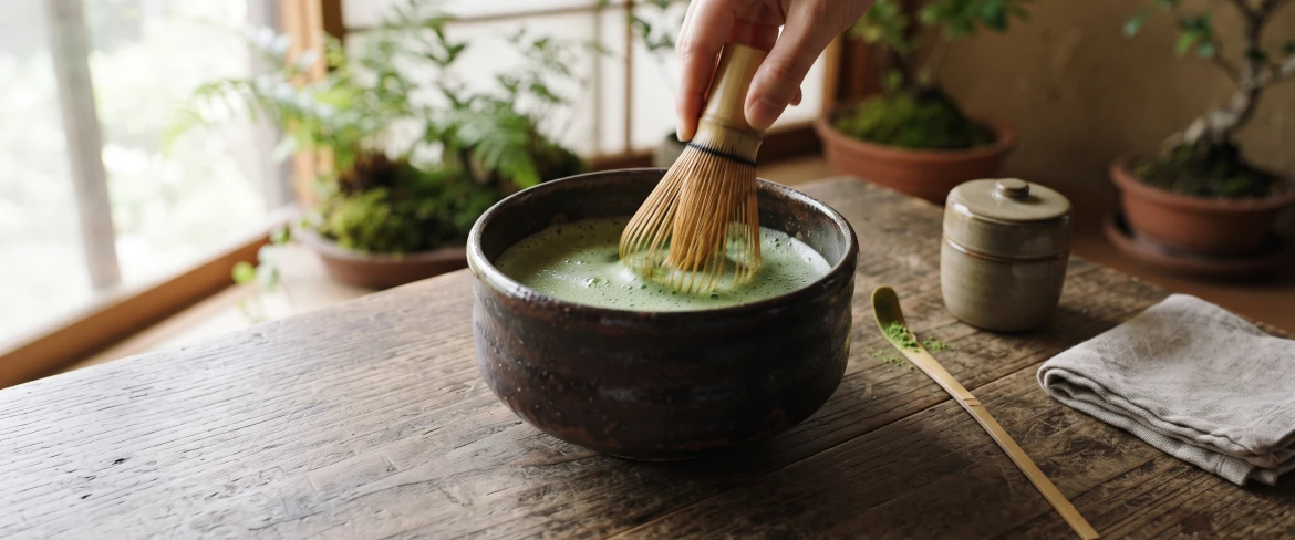 Preparazione tradizionale del matcha in una ciotola scura con una frusta di bambù (chasen).