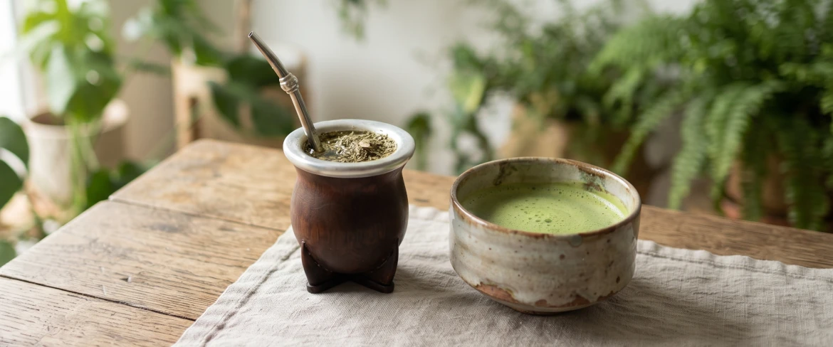 Confronto diretto tra matcha e yerba mate: una calice da mate con una bombilla e una tazza di ceramica contenente l’infuso.
