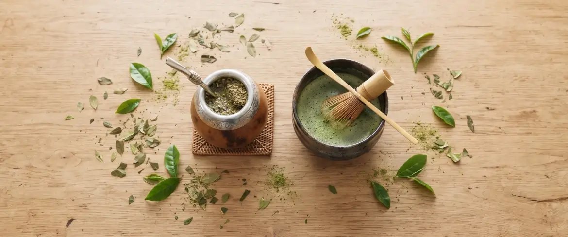 Vista dall'alto della yerba mate e del matcha: una calice di legno per la yerba mate e una ciotola di ceramica circondate da foglie.