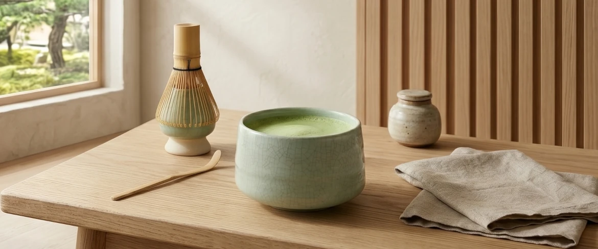 Tè matcha in una ciotola matchawan con una frusta chasen – set da tè matcha
