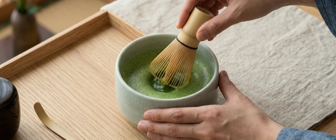 Preparare il tè matcha in una tazza da matcha utilizzando un chasen – un set da matcha