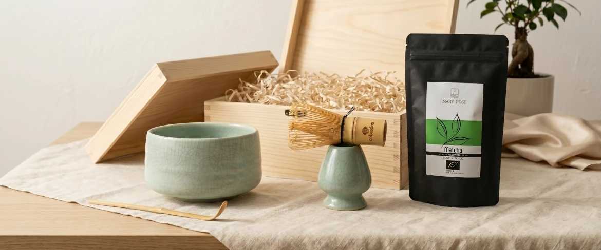 Set regalo Matcha – tazza da matcha, frullino e tè matcha in confezione