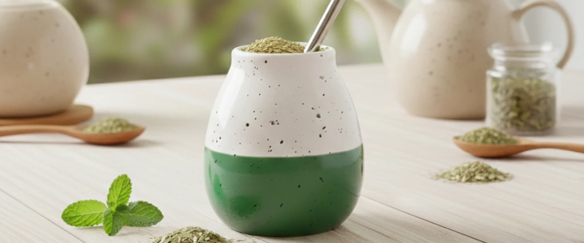 Come preparare il mate – tazza da mate riempita con foglie e una bombilla