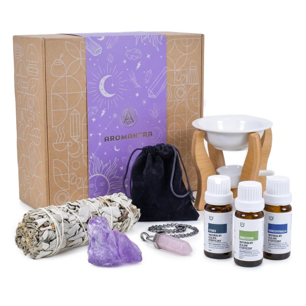 Cofanetto regalo esoterico per aromaterapia: oli essenziali + salvia bianca + accessori