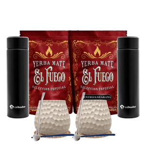 Set Yerba Mate per due: El Fuego 2x500g + 2x Thermos LED + 2x Tazza di mate + 2x Bombilla