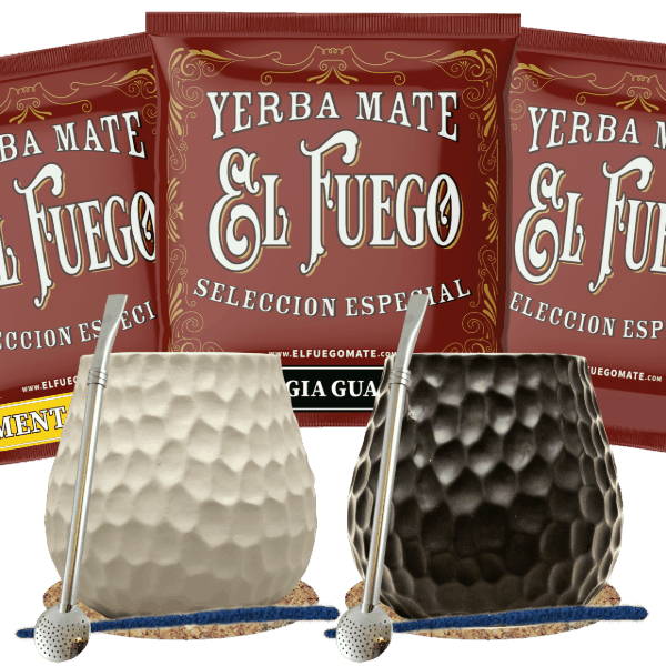 Set di Yerba Mate per due: campioni El Fuego 3x50g + Tazza di mate + 2x Bombilla