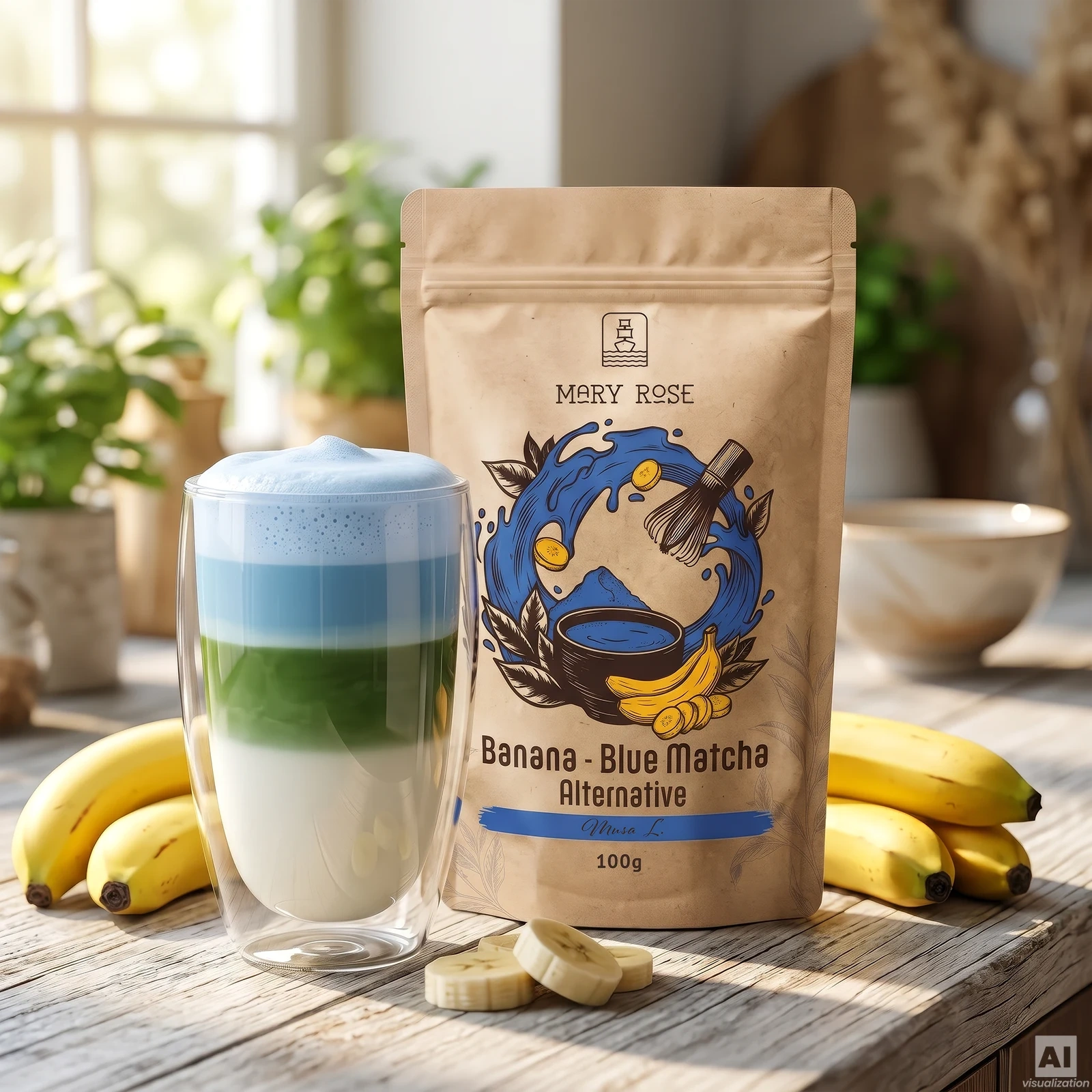 Blue Banana Matcha Latte tricolore con Mary Rose Blue Matcha Alternative Banana