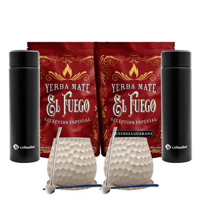 Set Yerba Mate per due: El Fuego 2x500g + 2x Thermos LED + 2x Tazza di mate + 2x Bombilla