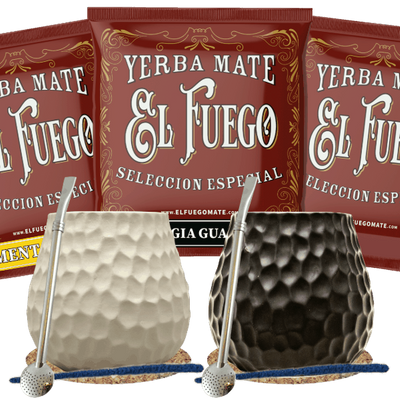 Set di Yerba Mate per due: campioni El Fuego 3x50g + Tazza di mate + 2x Bombilla