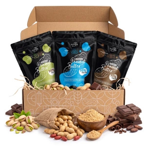 Set regalo di burro di arachidi in polvere Nustino: Pure + Chocolate + Pistachio & Chocolate 3x400g