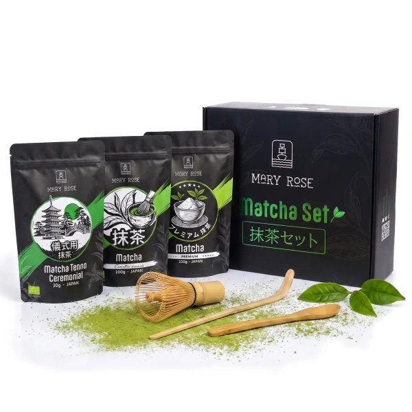 Set regalo: 3x matcha giapponese + accessori in bambù