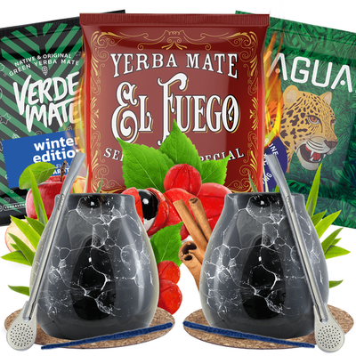 Set Yerba Mate per due: campioni 3×50g + 2x Tazza di mate + 2x Bombilla