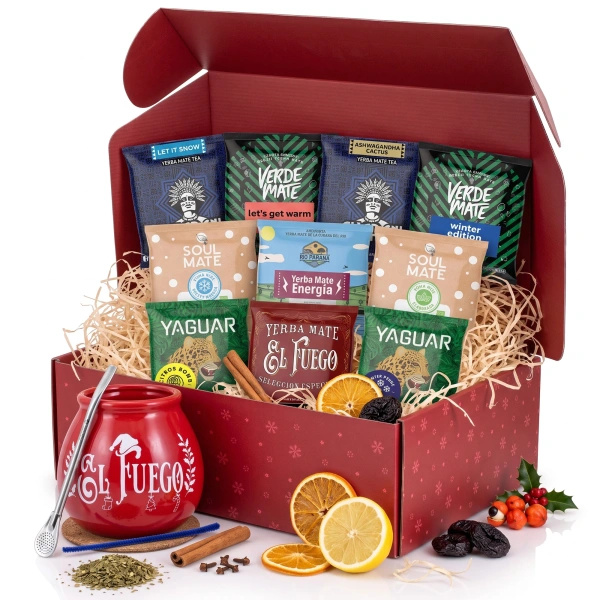 Set regalo natalizio yerba mate: campioni 10x50g + zucca El Fuego Christmas Edition e bombilla