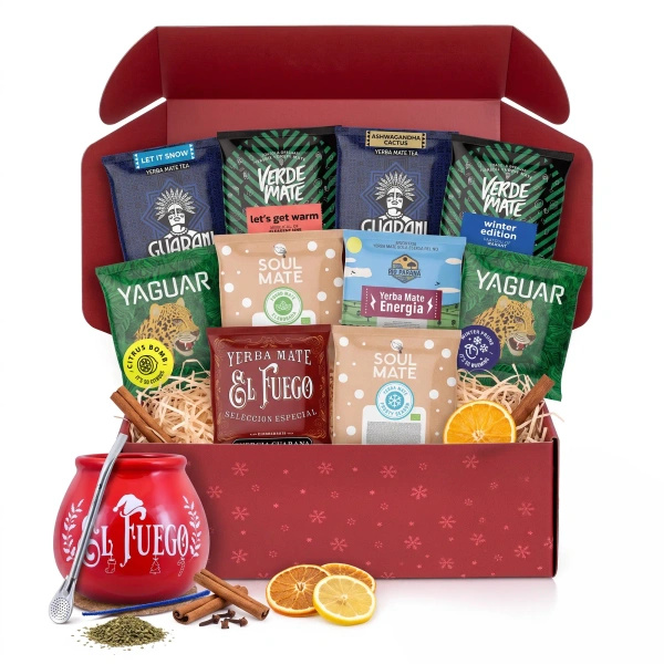 Set regalo natalizio yerba mate: campioni 10x50g + zucca El Fuego Christmas Edition e bombilla