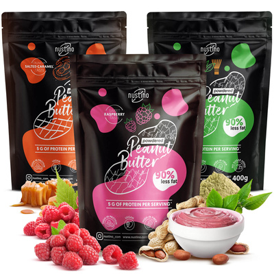 Set di burro di arachidi in polvere Nustino: Raspberry + Salted Caramel + Matcha 3x400g