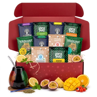 Set regalo natalizio yerba mate: campioni 10x50g + zucca Samba e bombilla