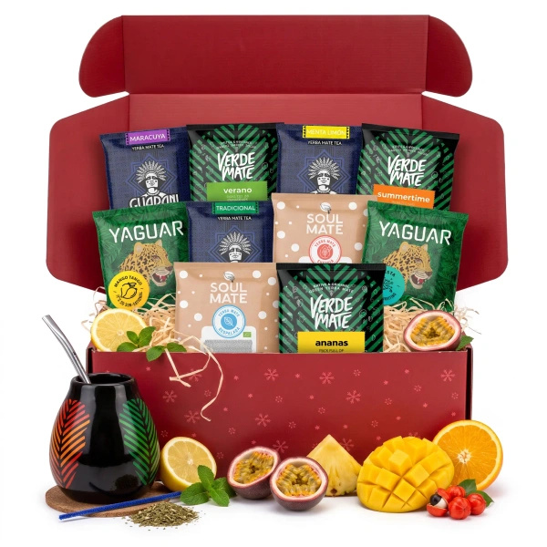 Set regalo natalizio yerba mate: campioni 10x50g + zucca Samba e bombilla