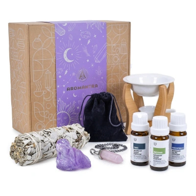 Cofanetto regalo esoterico per aromaterapia: oli essenziali + salvia bianca + accessori