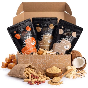 Set regalo di burro di arachidi in polvere Nustino: Classic + Salted Caramel + White Chocolate & Coconut 3x400g