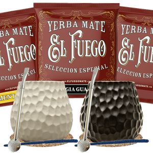 Set di Yerba Mate per due: campioni El Fuego 3x50g + Tazza di mate + 2x Bombilla