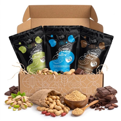 Set regalo di burro di arachidi in polvere Nustino: Pure + Chocolate + Pistachio & Chocolate 3x400g