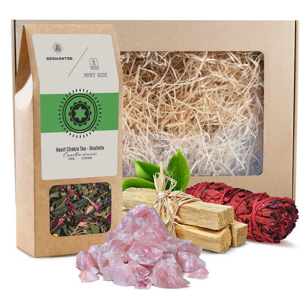 Set regalo per chakra del cuore (Anahata): tè chakra + incenso + quarzo rosa