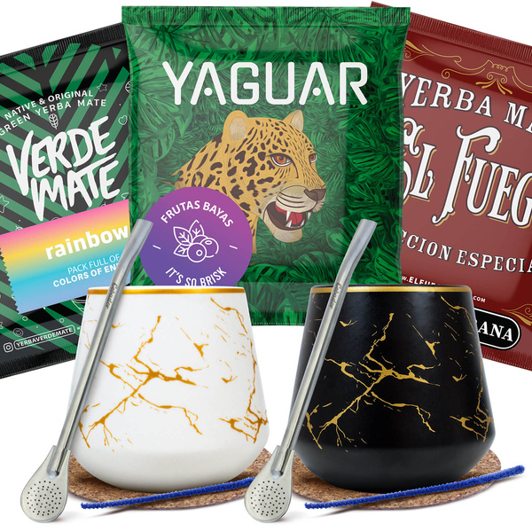 Set Yerba Mate per due: campioni 3×50g 2x Tazza di mate + 2x Bombilla